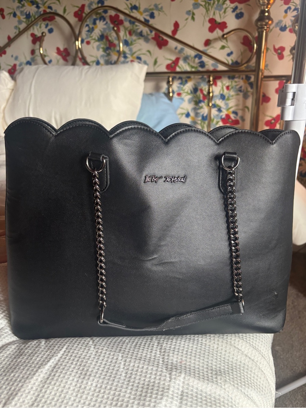 vintage betsey johnson black scallop tote y2k coquette goth chain shoulder bag